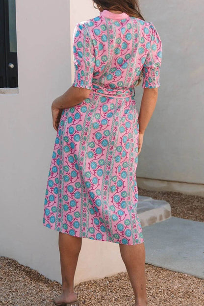 Printed Shirred Sleeve Buttoned Front Midi Dress with Sash Trendsi cbf1cc10-eabd-4636-8ee4-9730cb9504c4-Max