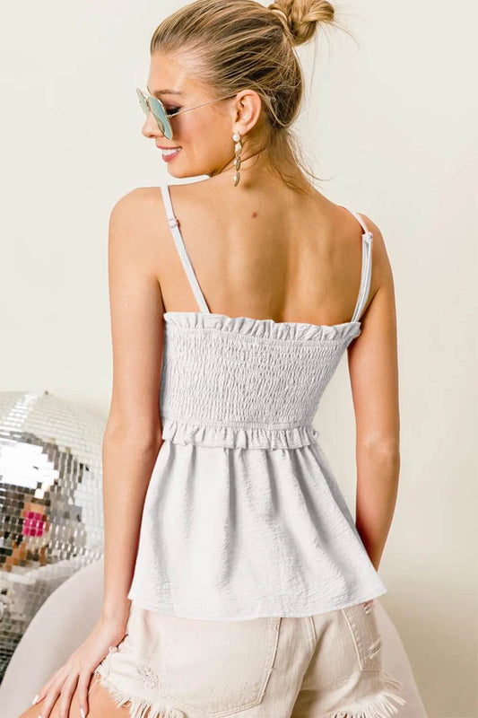 BiBi Ruffle Edge Smocking Babydoll Cami Trendsi cc0eedd7-f410-4227-a06c-702f01304366-Max