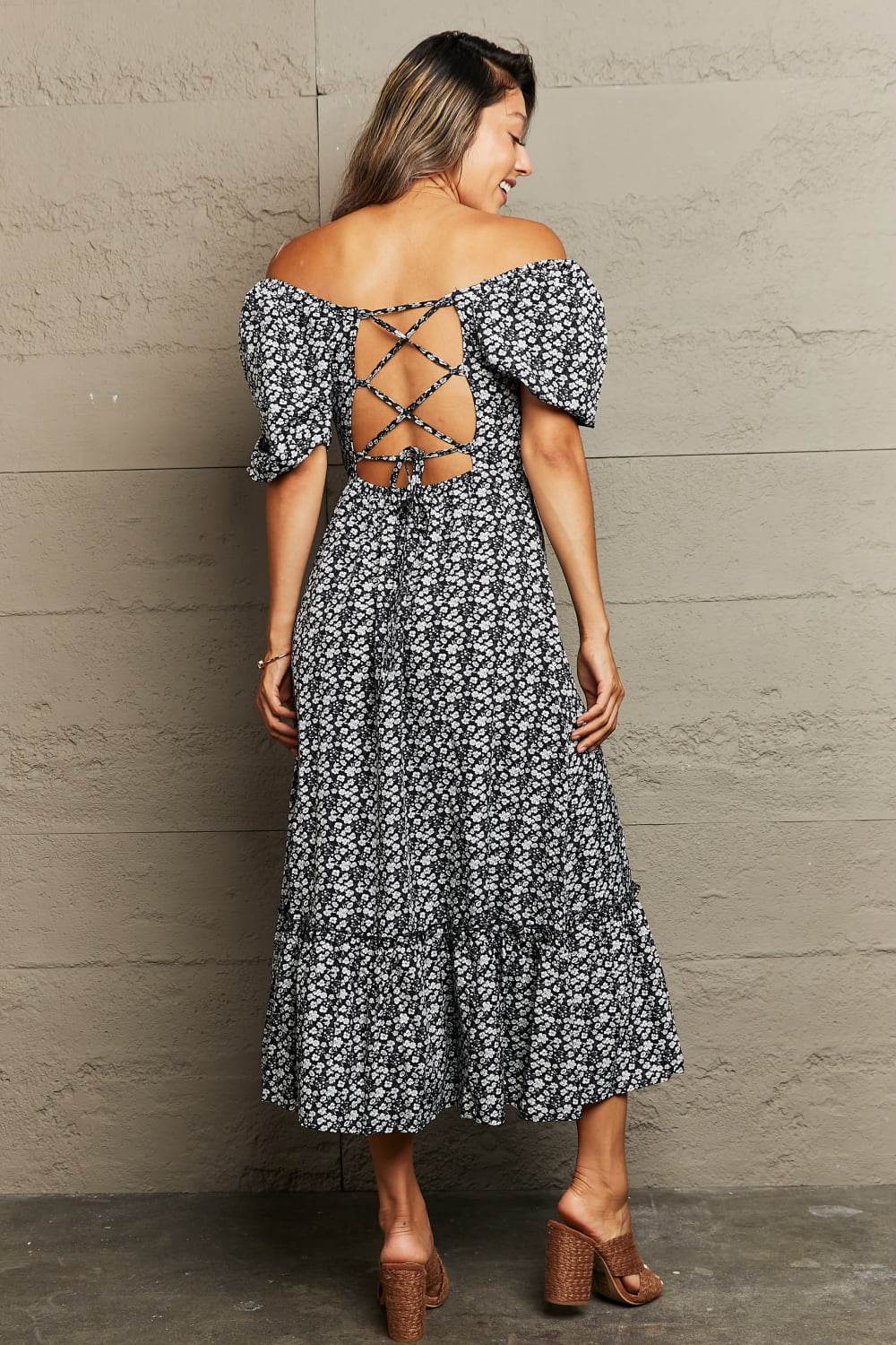 Perfee Floral Lace-Up Off-Shoulder Midi Dress Trendsi cc197d044a5f4e4a94970f6fbe0a8598-Max
