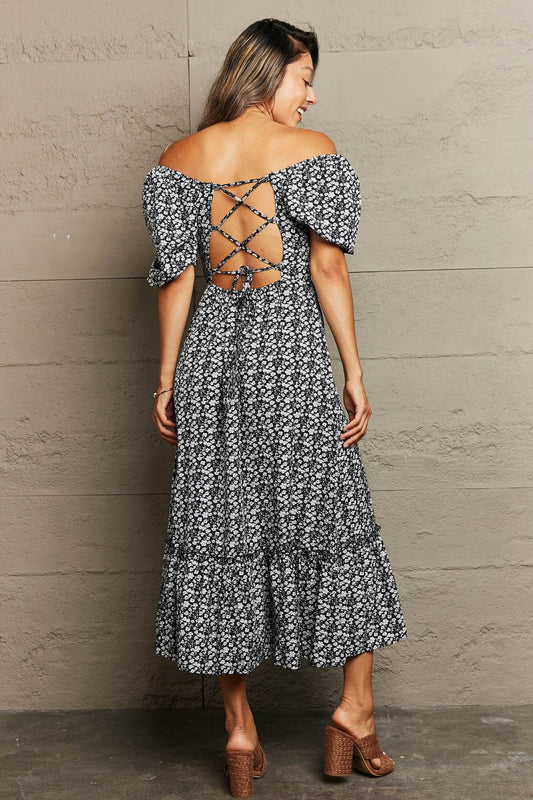 Perfee Floral Lace-Up Off-Shoulder Midi Dress Trendsi cc197d044a5f4e4a94970f6fbe0a8598-Max