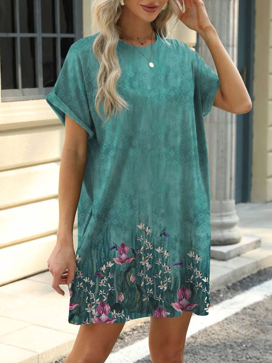 Printed Round Neck Short Sleeve Mini Dress Trendsi cc1d481a-6c0f-4ba1-95f9-66322d8980d6-Max-Origin