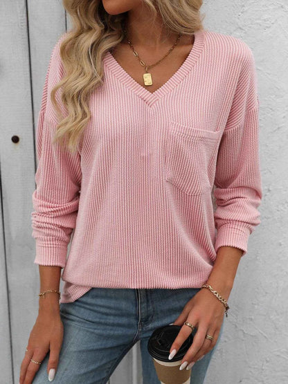 Ribbed V-Neck Long Sleeve T-Shirt Trendsi cc290ebc-2555-4013-a390-f5525af47d02-Max-Origin