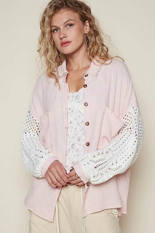POL Openwork Lantern Sleeve Button Down Gauze Shirt Trendsi cc2f9231-ddd2-4f72-a8a5-5d51664e238f-Max