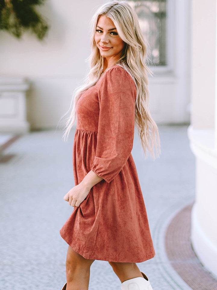 Square Neck Three-Quarter Sleeve Mini Dress Trendsi cc3546e6a06942bc94521a917e5bd479-Max