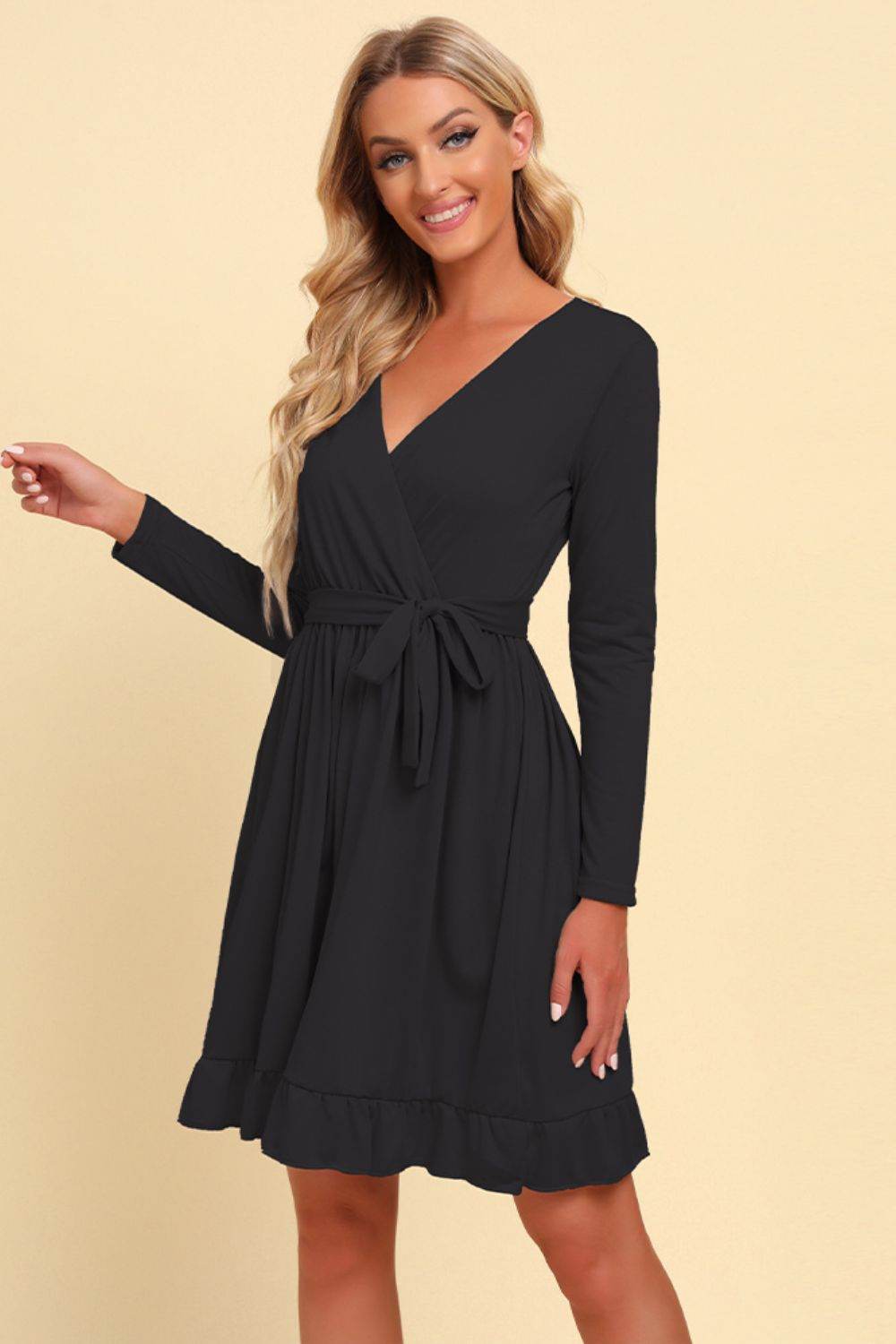 Long Sleeve Tie Waist Ruffle Hem Dress Trendsi cc4e8420516c4d498eccc3d9ab0be5b3-Max