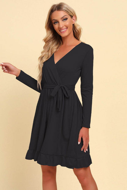 Long Sleeve Tie Waist Ruffle Hem Dress Trendsi cc4e8420516c4d498eccc3d9ab0be5b3-Max