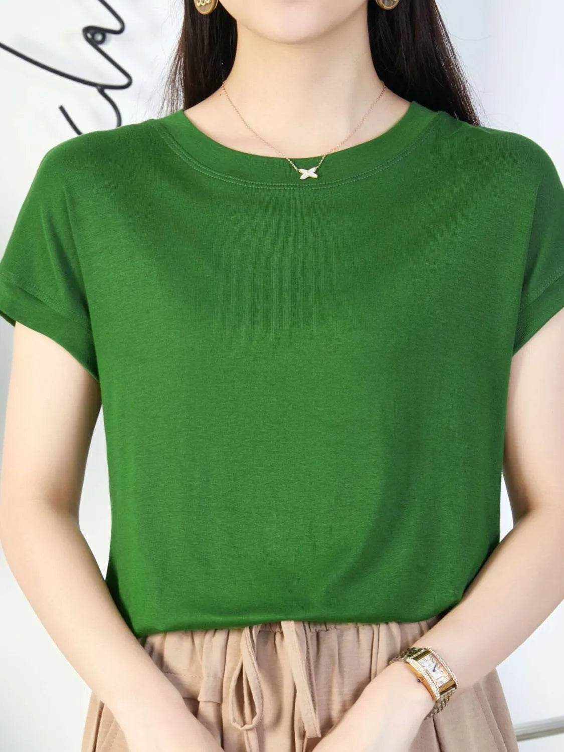 Round Neck Short Sleeve T-Shirt Dark Green Trendsi cc630c73-aea0-483f-bf60-a8e69681c7a4-Max-Origin