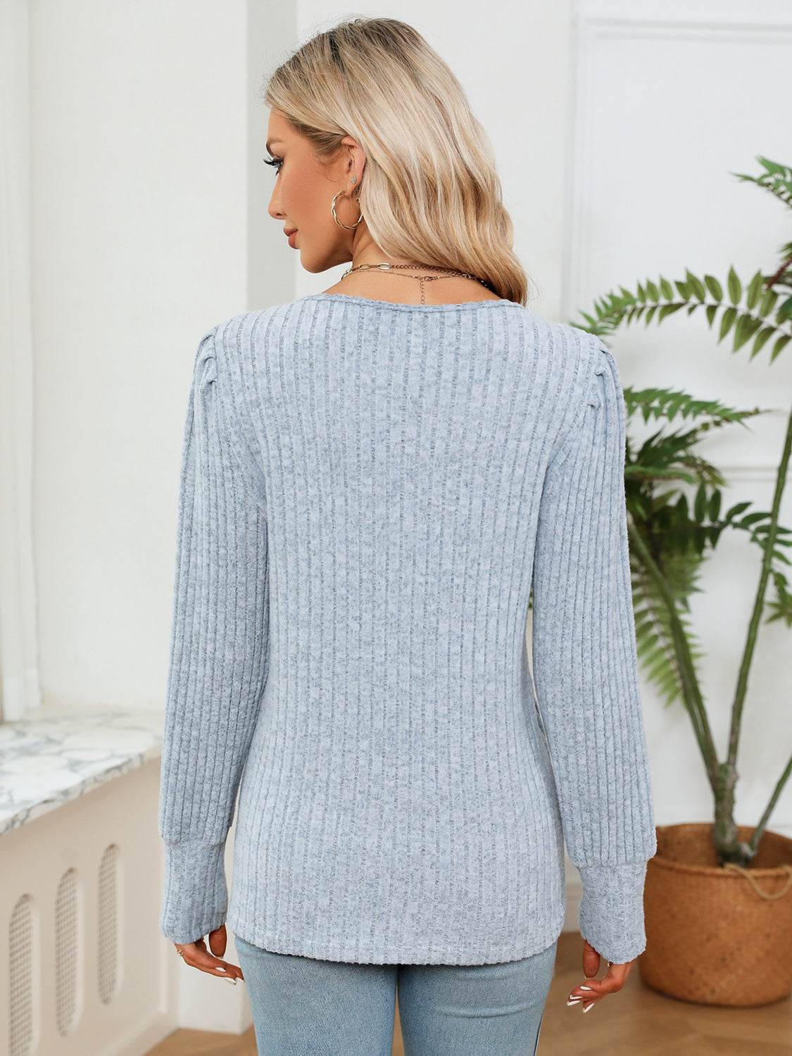 Lace Detail V-Neck Ribbed Blouse Trendsi cc6bbb3277a94a8693d40148196dc4e4-Max