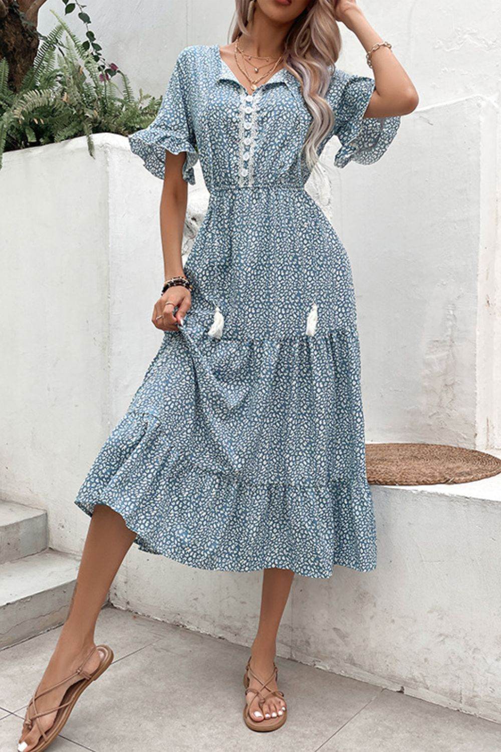 Perfee Printed Tassel Tie Flounce Sleeve Dress Trendsi cc7a589cb6e94127b56d4b2318d5bce5-Max