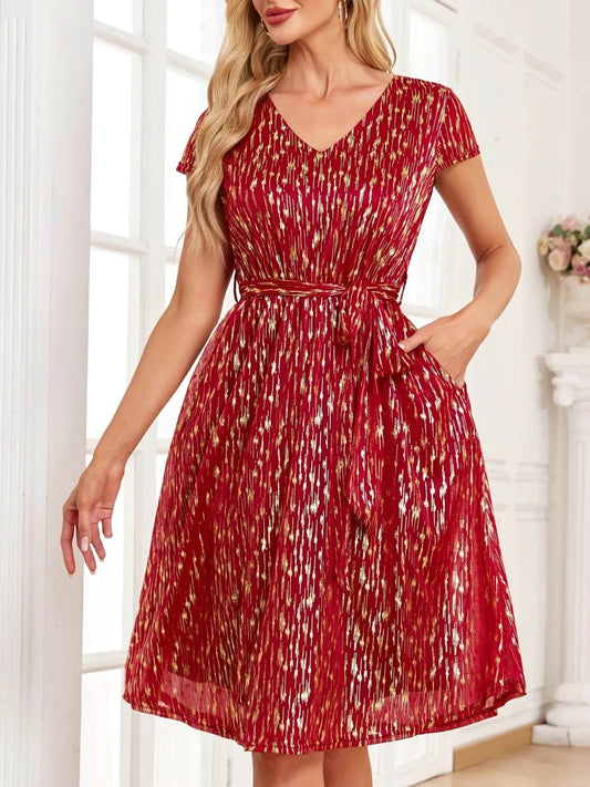 V-Neck Metallic Print Dress Scarlet Trendsi cc942801-525d-441d-a2a8-178a086492f6-Max-Origin