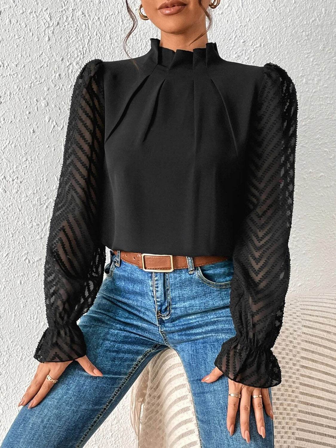 Mock Neck Flounce Sleeve Blouse Trendsi cc9e829b6f084b8aa78b145bb5e83da1-Max