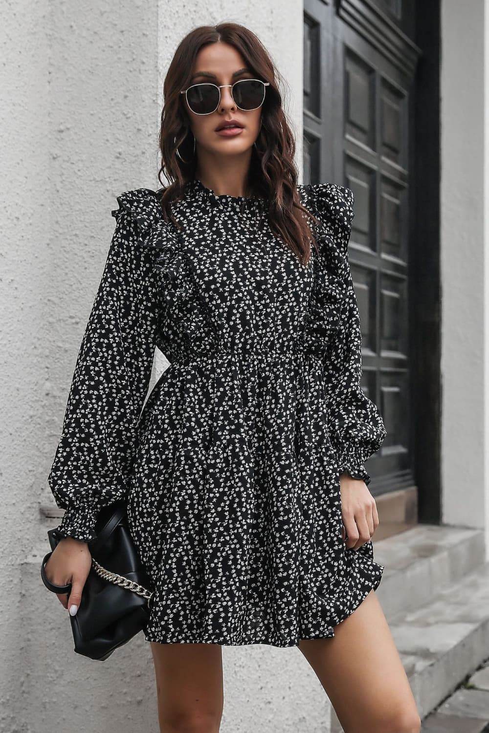 Printed Ruffle Trim Smocked Long Sleeve Mini Dress Trendsi cca8d787bd1d403490c38931810eb14f-Max