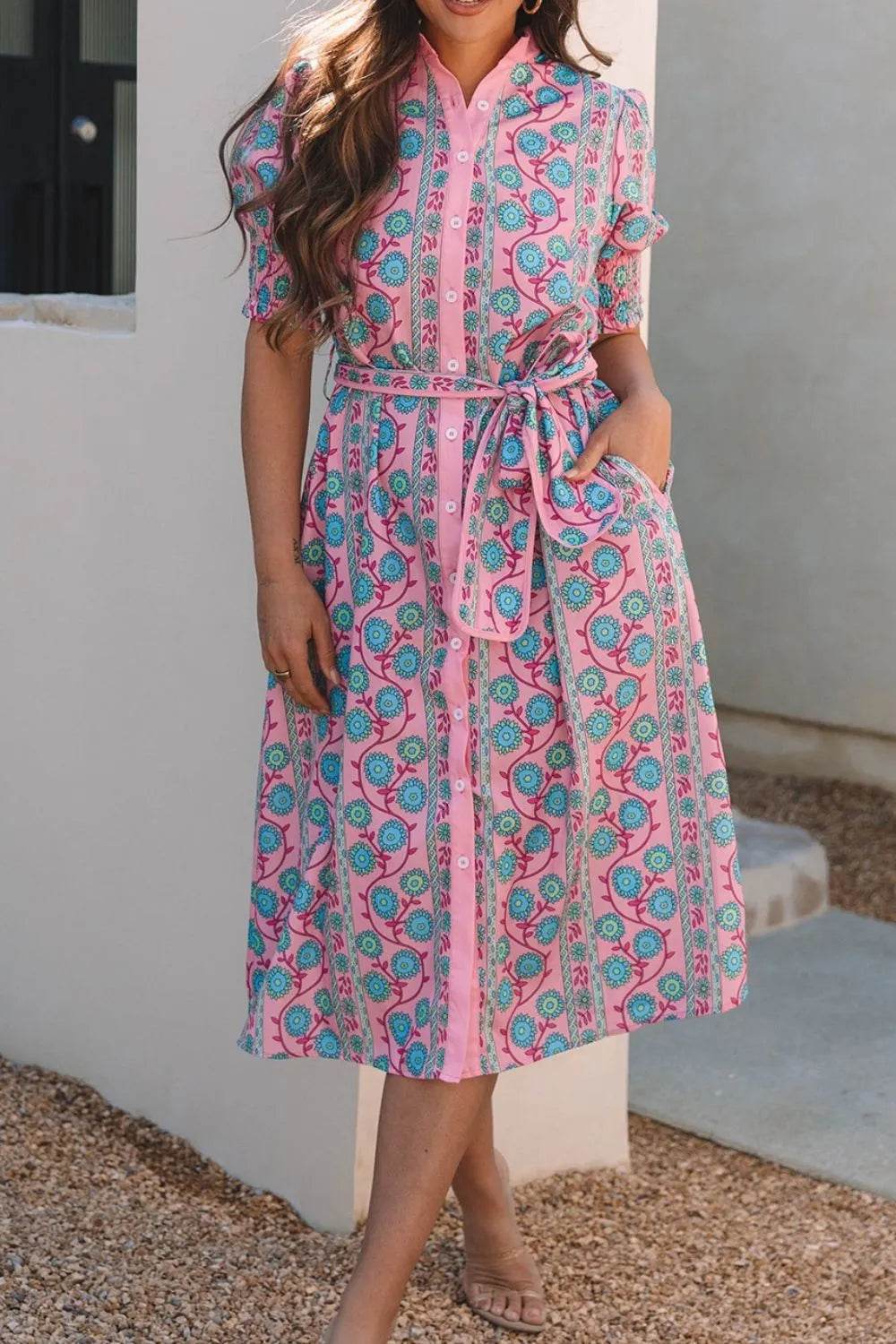 Printed Shirred Sleeve Buttoned Front Midi Dress with Sash Trendsi ccb9193f-850e-40a1-a148-6a156eedebab-Max
