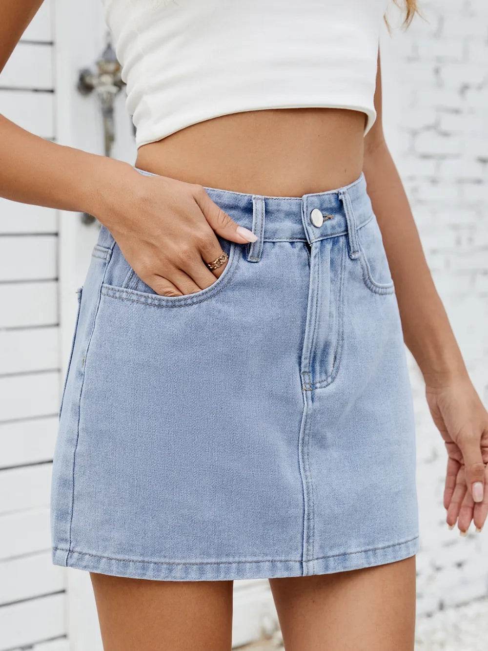 Solid Mini Denim Skirt Light Trendsi ccc3cc62-9210-4566-9eb8-e544fc7e472a-Max