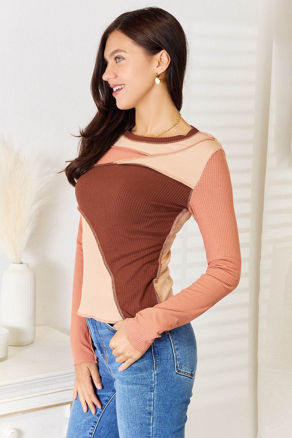 Double Take Color Block Exposed Seam Long Sleeve Top Trendsi ccd3e282361d42209c617ebc7160d36c-Max