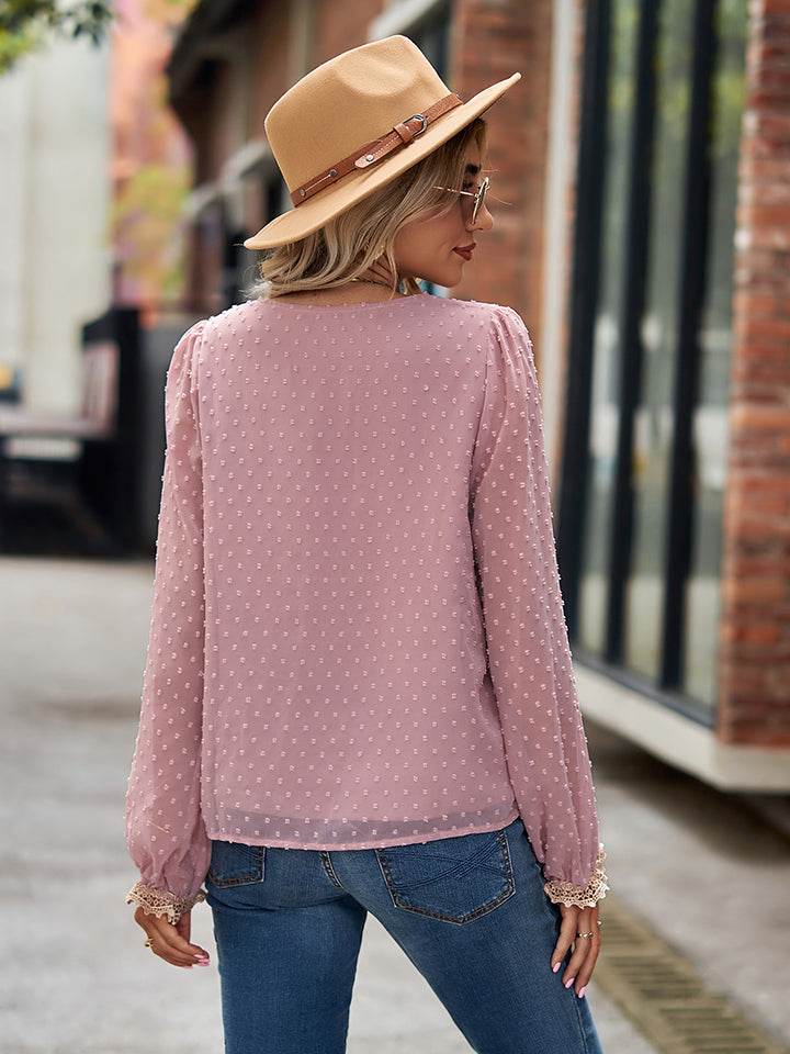 Swiss Dot V-Neck Long Sleeve Blouse Trendsi ccdbc2918ed04e9892ba221e7bf9cd89-Max