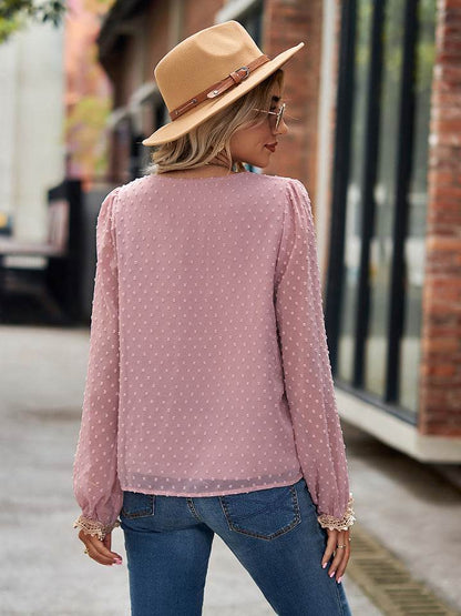 Swiss Dot V-Neck Long Sleeve Blouse Trendsi ccdbc2918ed04e9892ba221e7bf9cd89-Max