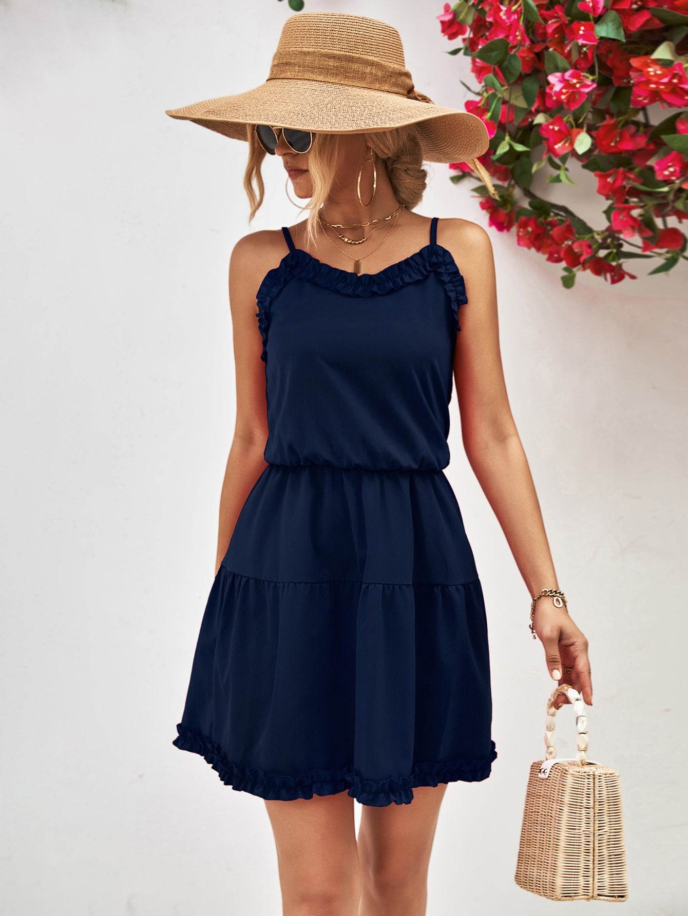 Frill Trim Spaghetti Strap Mini Dress Dark Blue Trendsi cd0c3f57ad1045be832e5c8681c8313a-Max