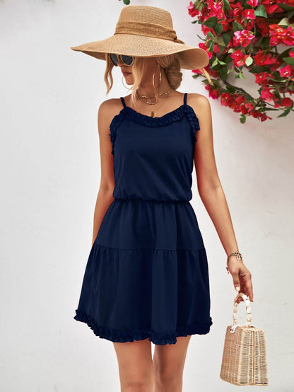 Frill Trim Spaghetti Strap Mini Dress Dark Blue Trendsi cd0c3f57ad1045be832e5c8681c8313a-Max