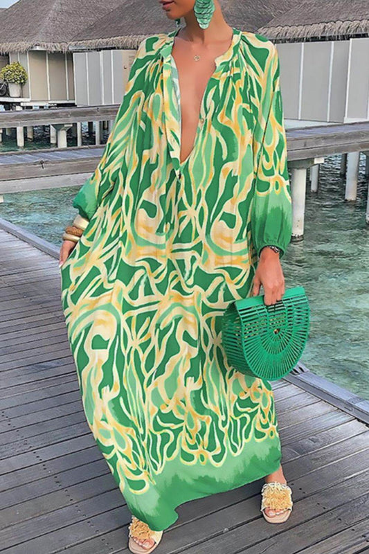 Abstract Print Buttoned Balloon Sleeve Dress Green Trendsi cd122a3441ea4f7cb301c31b365d24a4-Max