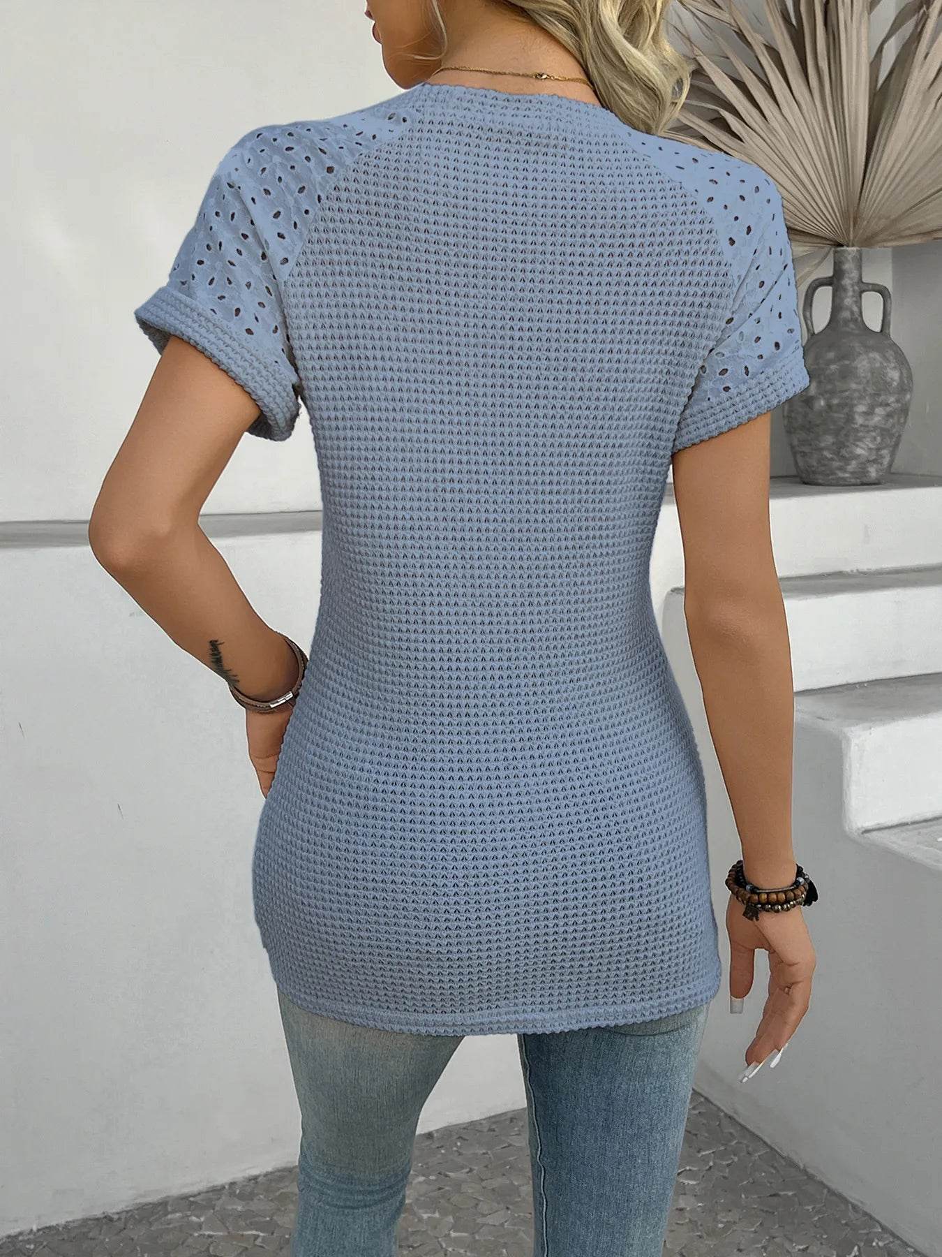 Hollow Out Waffle Knit Short Sleeve T-Shirt Trendsi cd17dc57d985453686fa6c7a0aca6da7-Max-Origin