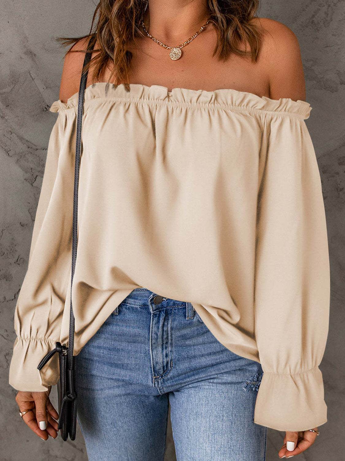 Off-Shoulder Flounce Sleeve Blouse Trendsi cd1e8319c585494e84601588311f0b78-Max