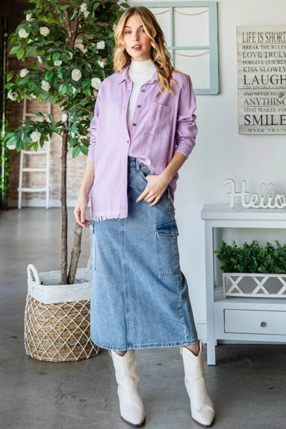 Veveret Raw Hem Button Up Long Sleeve Shirt Trendsi cd56a73b-c79e-4b17-b08a-52853b02db77-Max