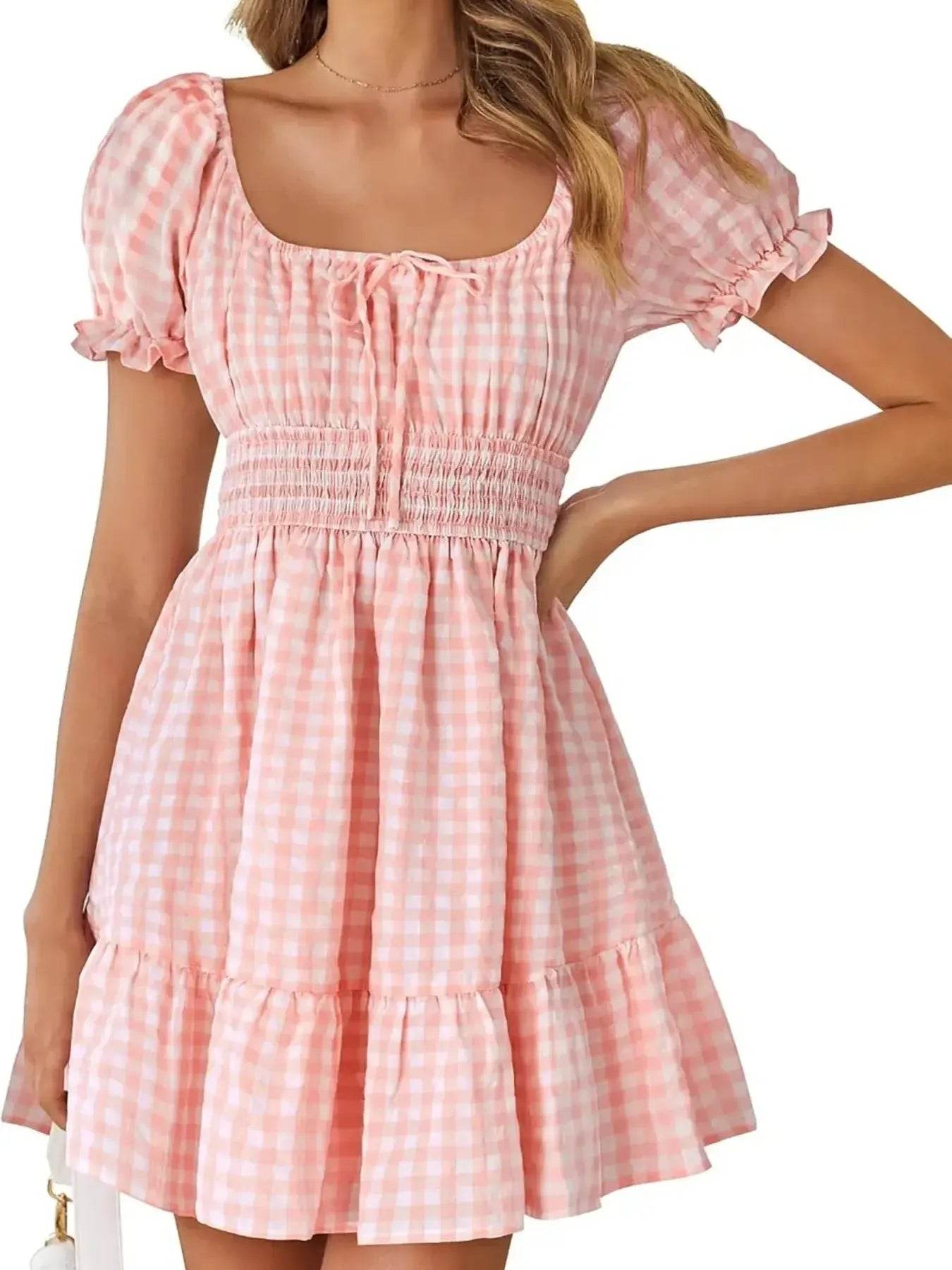 Gingham Smocked Puff Sleeve Summer Dress Pink Trendsi cd705ff823f74ae48548fa4c2171f367-Max-Origin