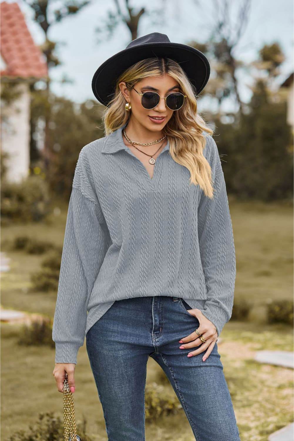 Collared Neck Cable-Knit Long Sleeve Blouse Light Blue Trendsi cd75431fdbf64a65a135ee0590033240-Max