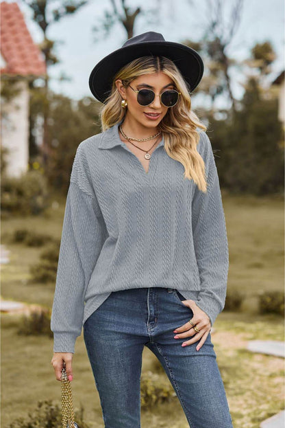 Collared Neck Cable-Knit Long Sleeve Blouse Light Blue Trendsi cd75431fdbf64a65a135ee0590033240-Max