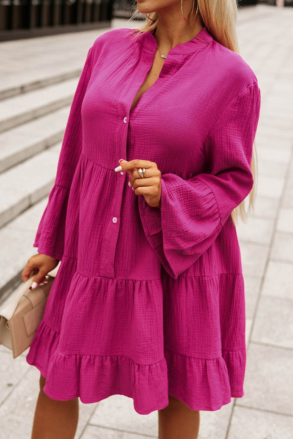 Buttoned Flare Sleeve Tiered Dress Trendsi cd7958643a65408ebe5b63bdd6fde628-Max