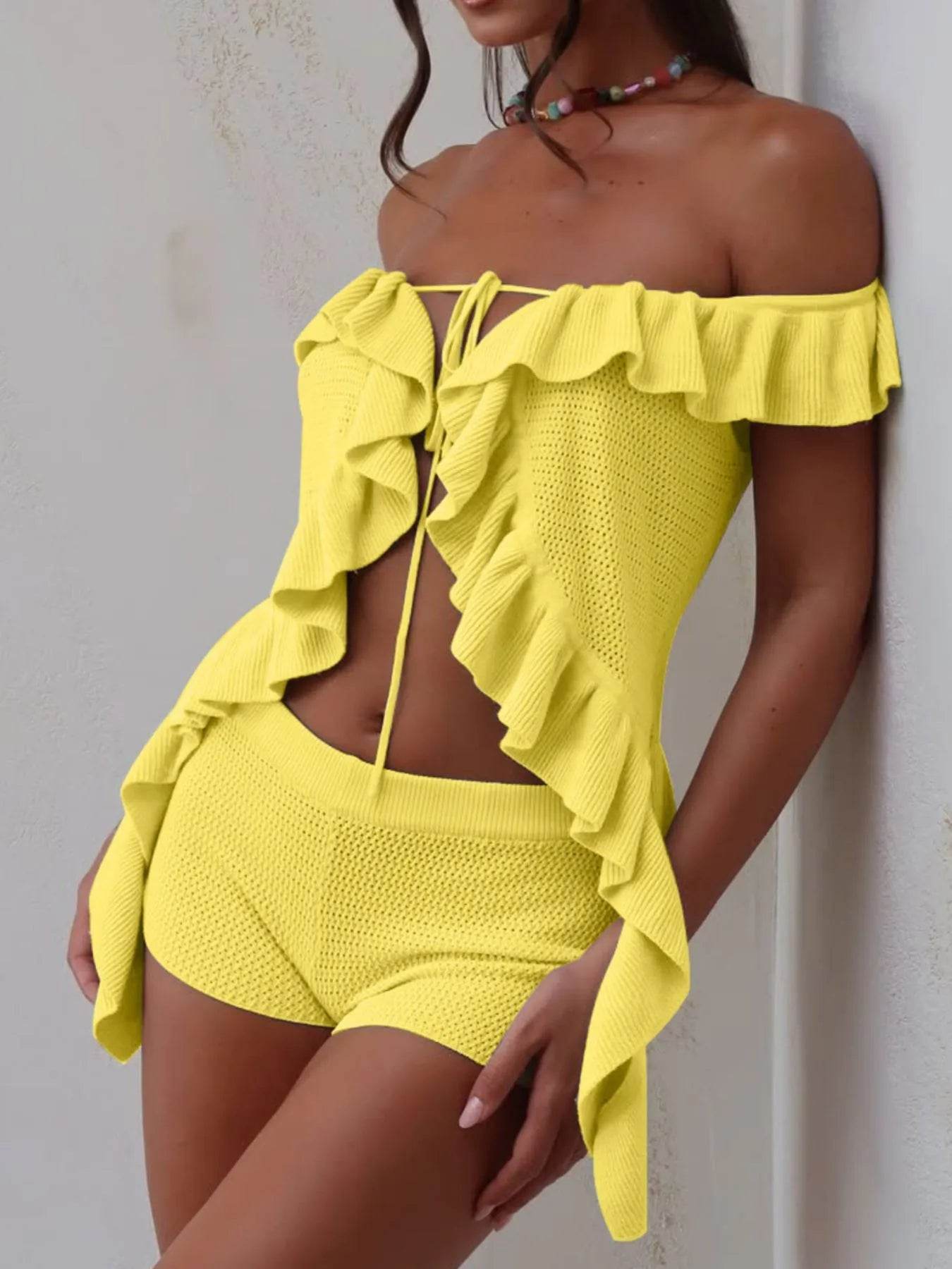 Off-Shoulder Ruffle Top and Shorts Sweater Set Yellow Trendsi cda883a1-1b17-428f-8497-96b21257670d-Max-Origin