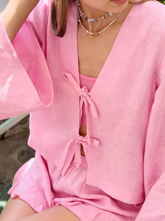 Tie Front Long Sleeve Top and Shorts Set Trendsi cdaad578-f784-4583-94f3-e4471c73213d-Max-Origin