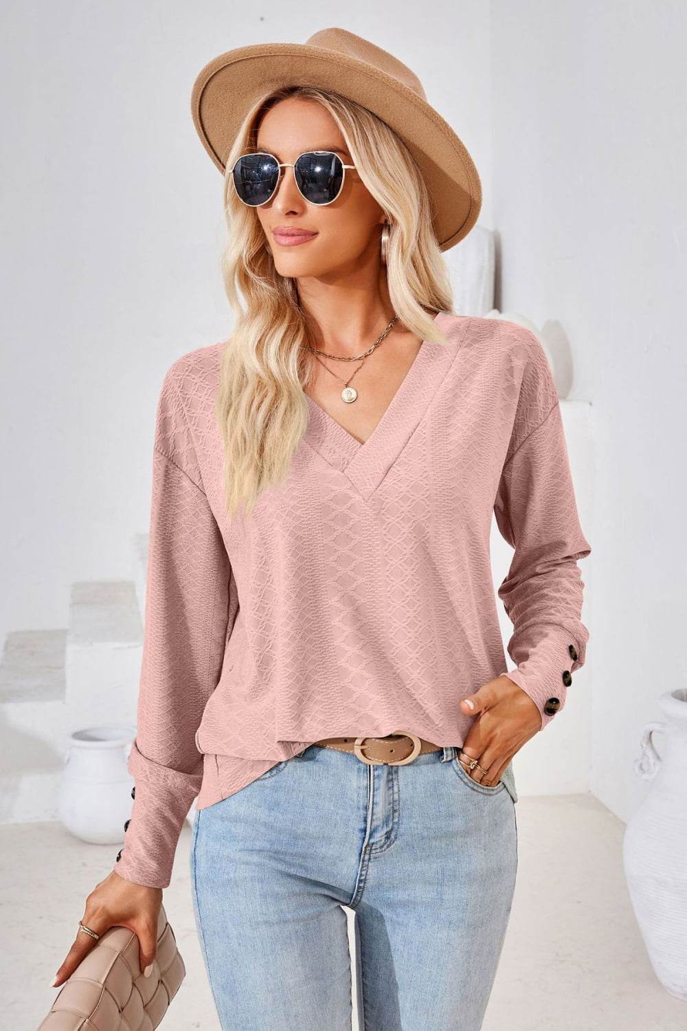 V-Neck Long Sleeve Blouse Dusty Pink Trendsi cdb056a4468a4818b84701dde938b7ad-Max