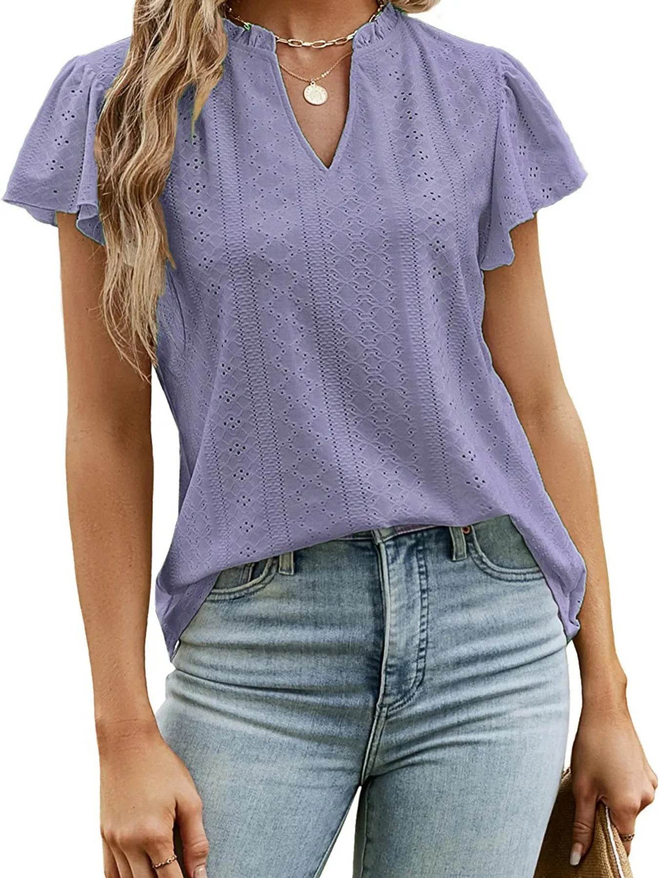 Eyelet Notched Short Sleeve T-Shirt Trendsi cdcad2d6ea844f6a8ccc1dfcdc3b80ce-Max-Origin