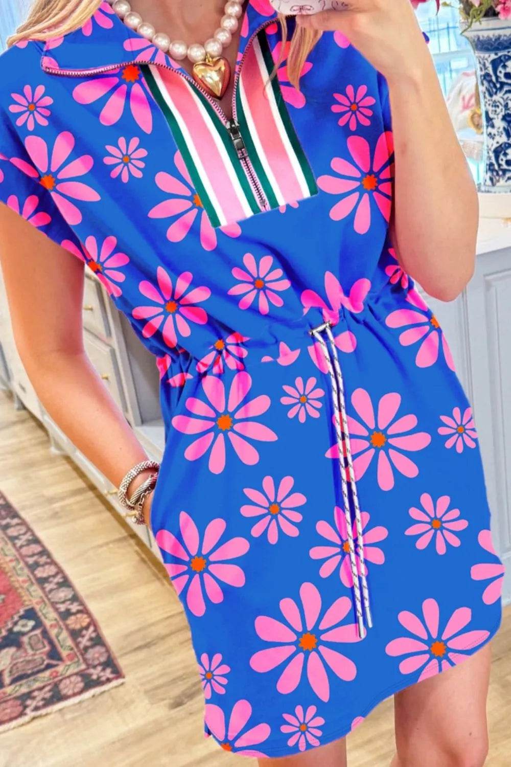 Floral Print Zip Collar Drawstring Summer Mini Dress Trendsi cdf124a5-605e-463a-b0a5-094df655a62d-Max-Origin