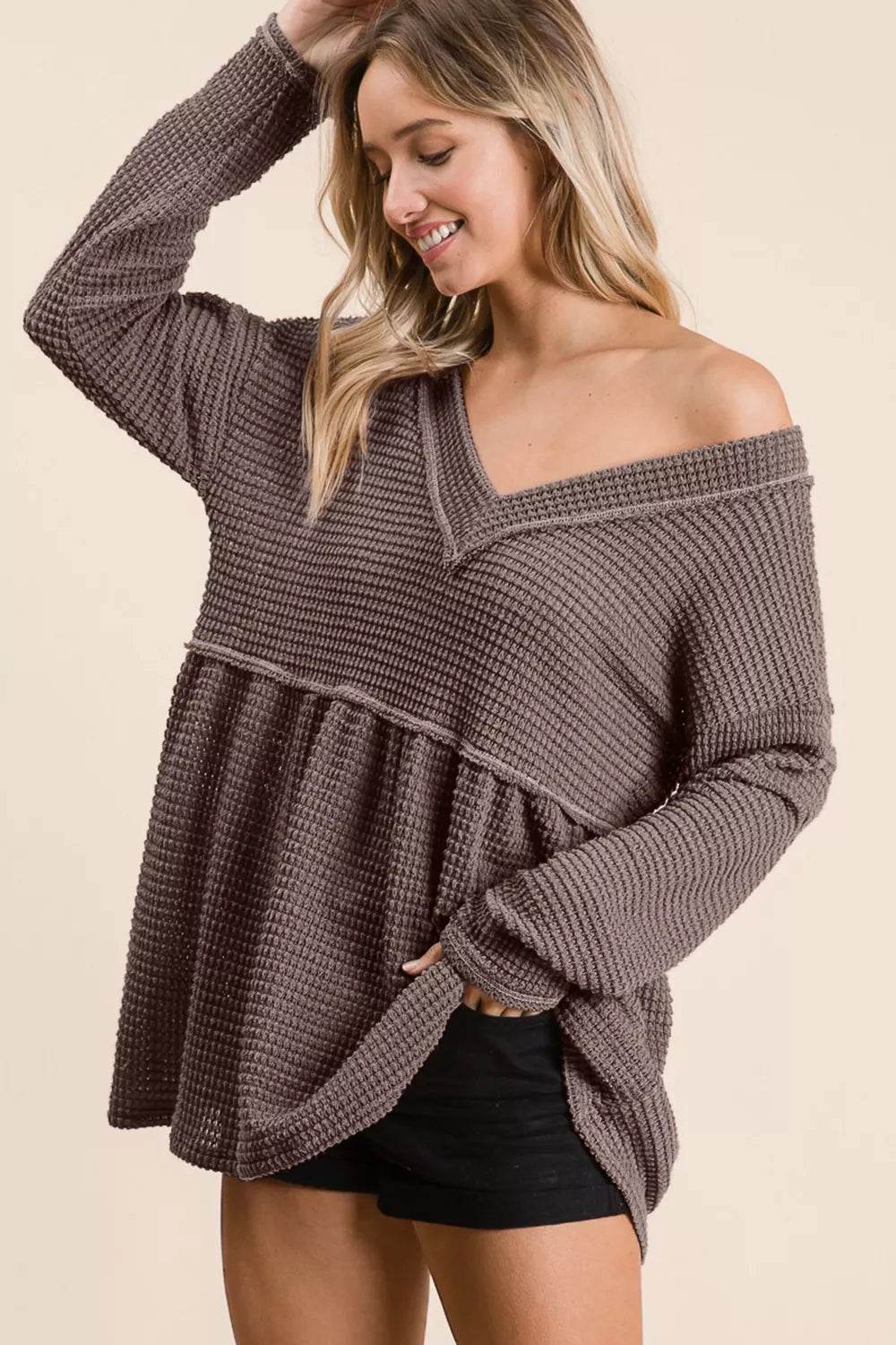 BiBi Waffle Knit V-Neck Babydoll Blouse Trendsi cdf22216-90fd-4234-af75-babb168a78c8-Max