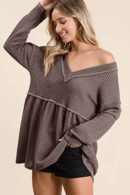 BiBi Waffle Knit V-Neck Babydoll Blouse Trendsi cdf22216-90fd-4234-af75-babb168a78c8-Max