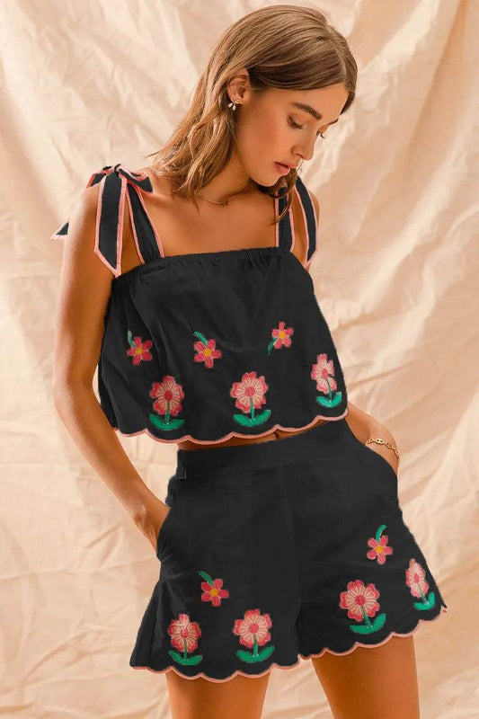 SO ME Flower Embroidered Tank Top and Shorts Set BLACK Trendsi ce1211d2813342a8885c38b866129144-Max-Origin