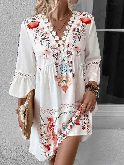 Lace Detail Printed Three-Quarter Sleeve Dress Deep Red Trendsi ce28c2ee-4318-48cc-9fc0-6936938ada43-Max