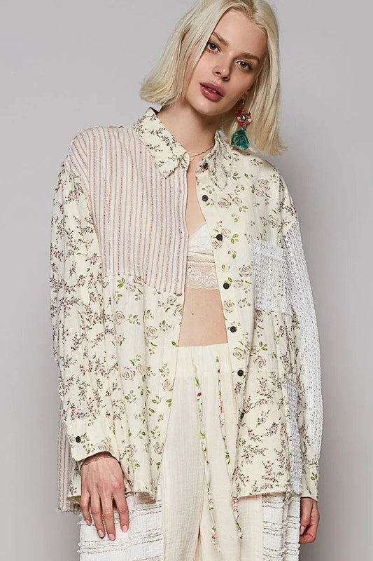 POL Lace Patchwork Floral Button-Up Shirt NATURAL MULTI Trendsi ce592010-9669-45f8-ab9e-8beb3b83b099-Max-Origin