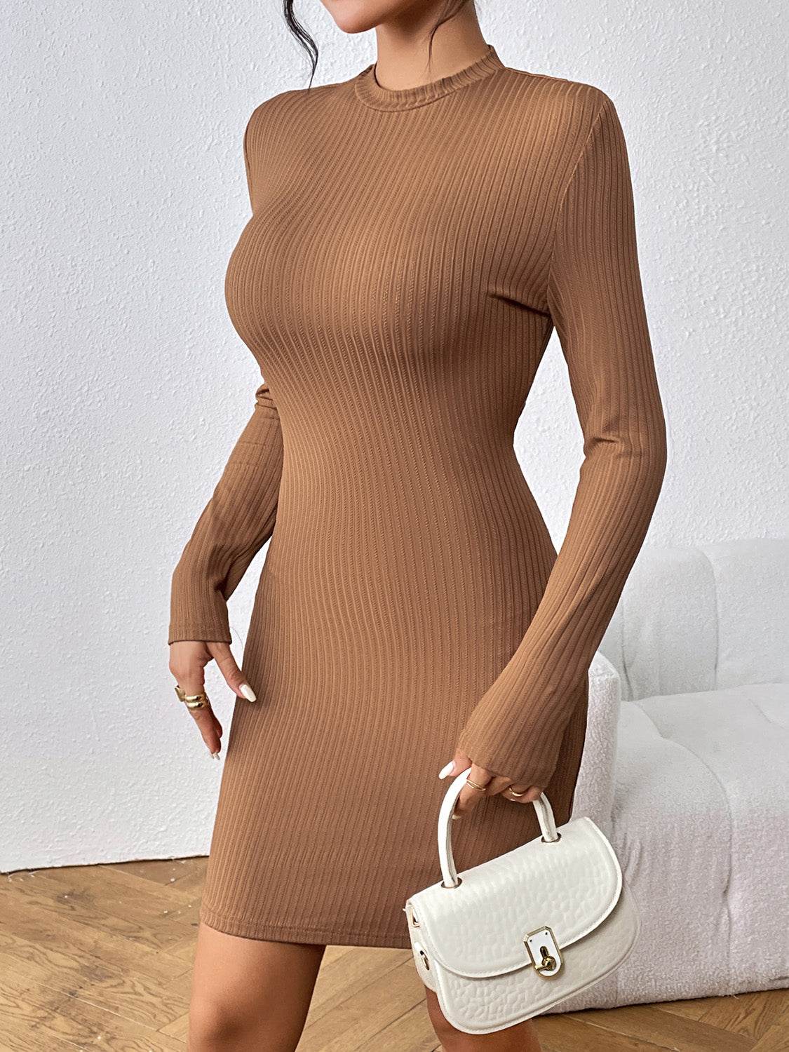 Honey Long Sleeve Ribbed Mini Dress Tan Trendsi ce72fbdab3574c32bed1ad44ef1c9c05-Max