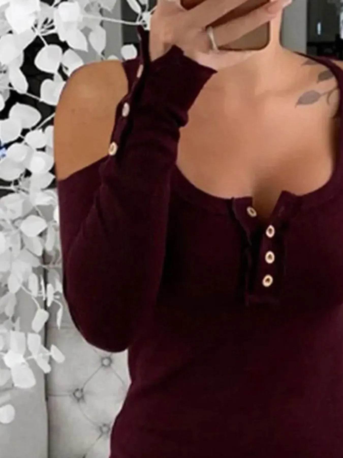 Cold Shoulder Ribbed Henley T-Shirt with Button Detail Trendsi ce946875-480e-4b64-b91c-5e746fea6092-Max-Origin
