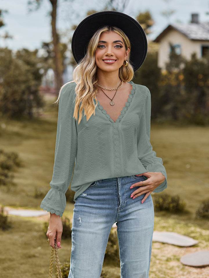 V-Neck Flounce Sleeve Blouse Sage Trendsi ceb70f4b5d6d41e4a0bd8530aeb6d165-Max