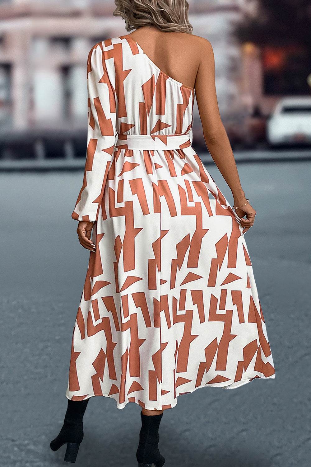 Printed One-Shoulder Tie Waist Dress Trendsi cec6b389309e4b71a7f1f9ba78b72349-Max