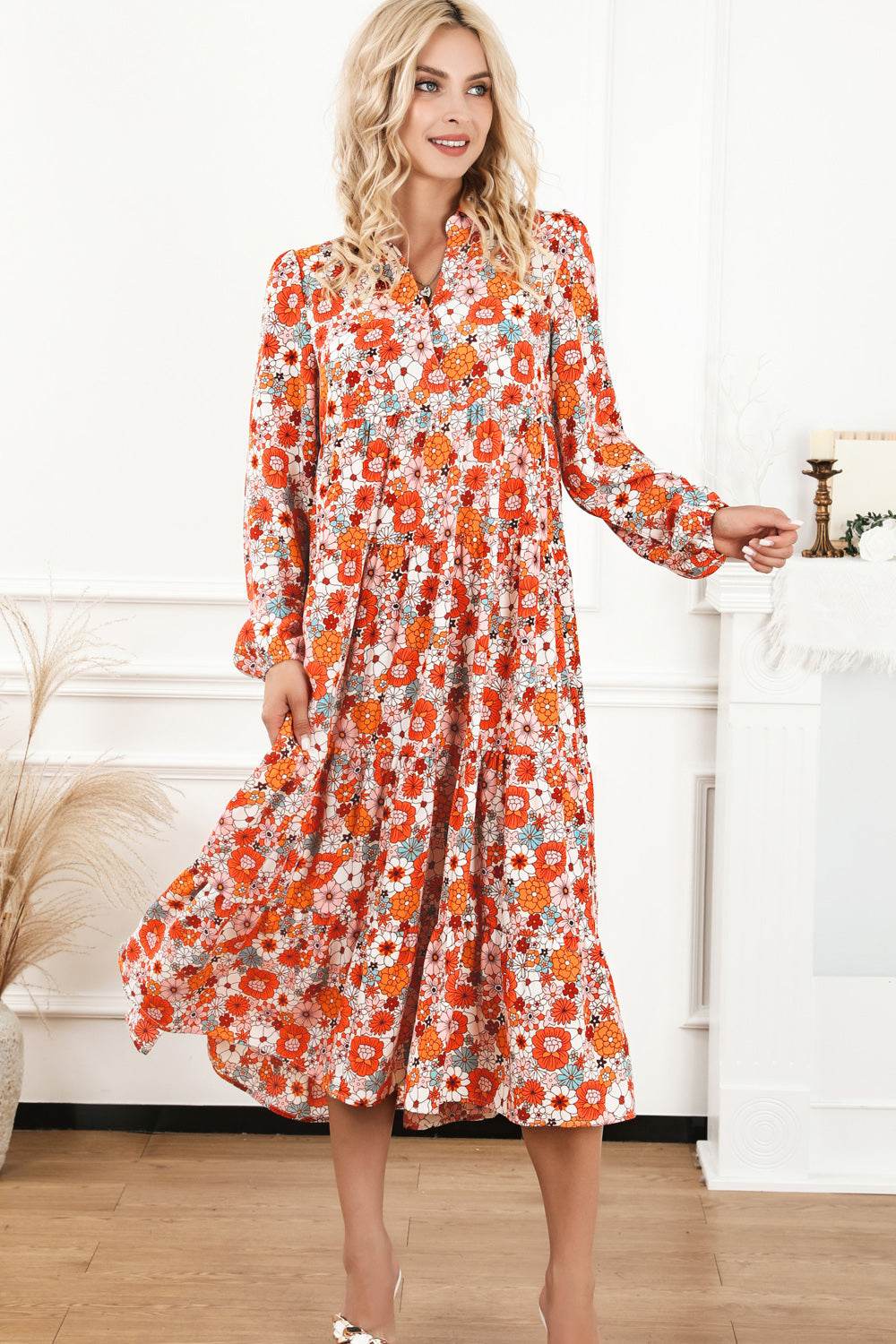 Floral Notched Neck Long Sleeve Dress Multicolor Trendsi cef0802a2f0f49439583424e9a962667-Max