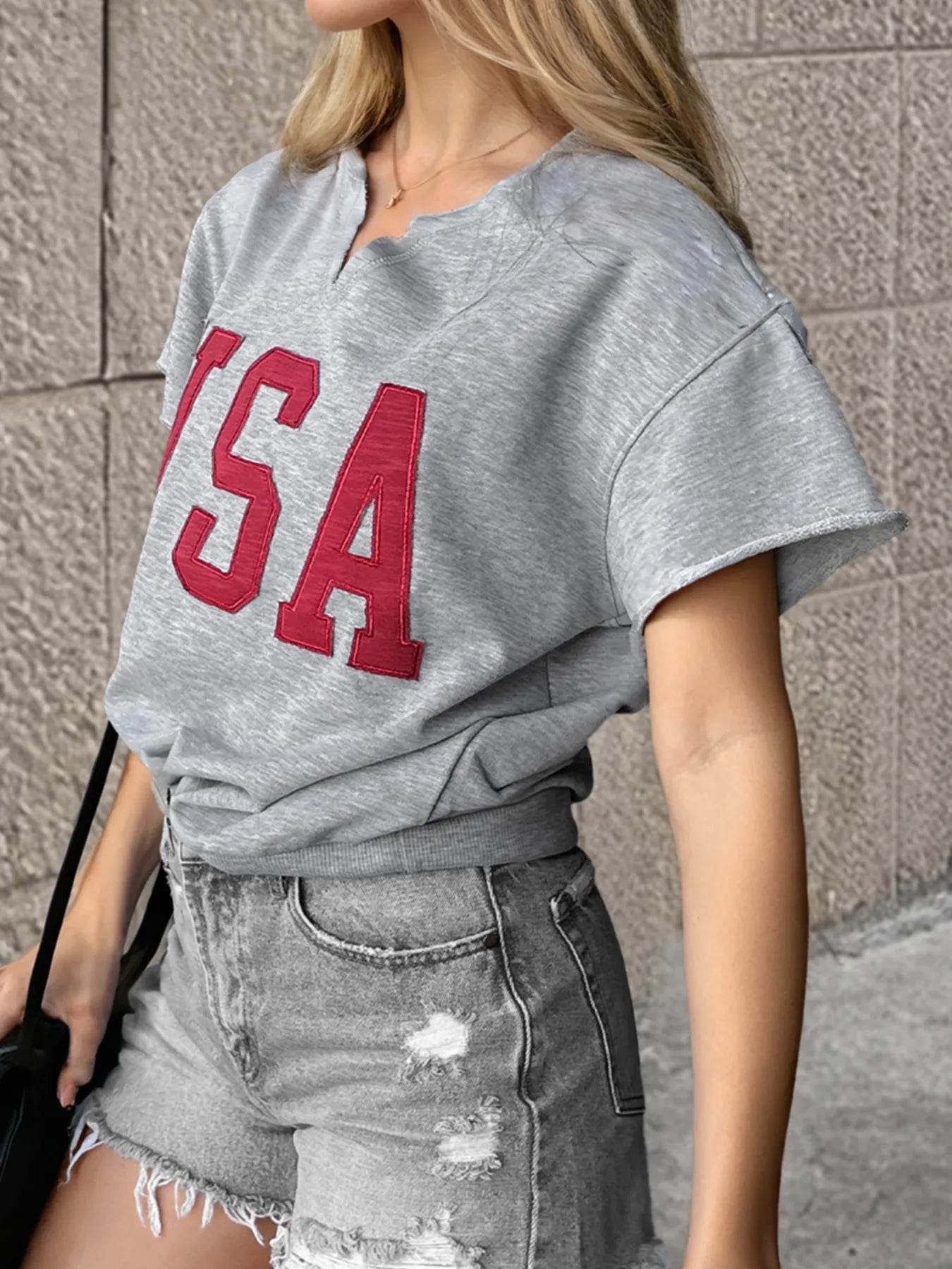 USA Lettering Patch Notched Neck T-Shirt Trendsi cf00aec828674970ba4990f9cf7f62cd-Max-Origin