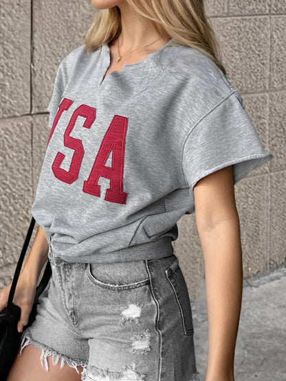 USA Lettering Patch Notched Neck T-Shirt Trendsi cf00aec828674970ba4990f9cf7f62cd-Max-Origin
