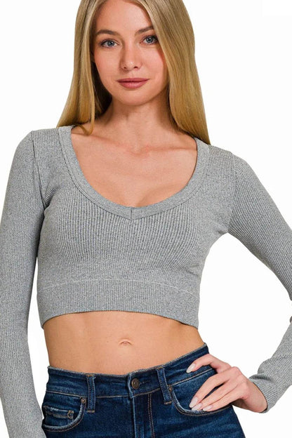Zenana Seamless Fitted Rib V-neck Long Sleeve Crop Top Trendsi cf11cf69-b30e-4702-b4c8-4d03e4990369-Max-Origin
