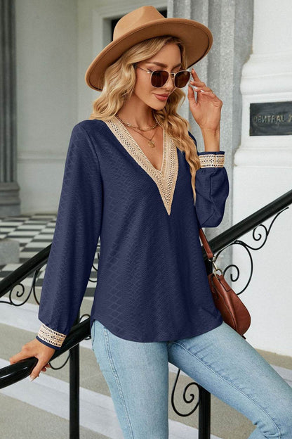 V-Neck Long Sleeve Blouse Trendsi cf122f13ed094963897e415f26eb6a28-Max